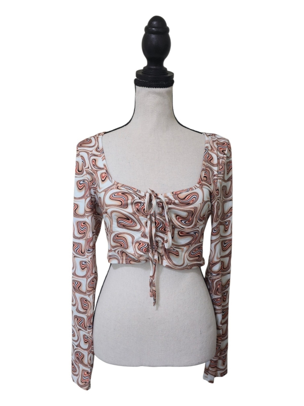 Marbled Swirl Tie Front Ruched Cut-Out Crop Top Large Festival Party Retro Y2K